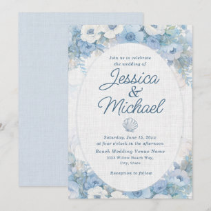 Blaue Weiße Florale Muschel Strand Hochzeit Einladung