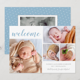 Blaue weiße Fotocollage Baby Junge Willkommen bei  Ankündigung