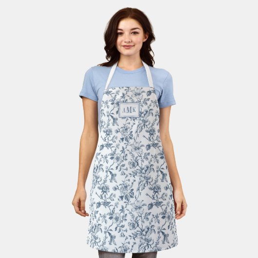 Blaue weiße französische Toile Monogramm Schürze (Getragen)