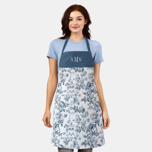 Blaue weiße französische Toile Monogramm-Schürze Schürze (Getragen)