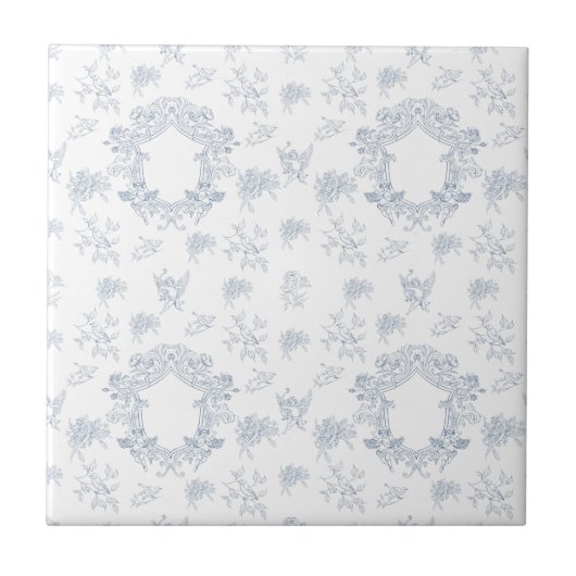 Blaue weiße französische Toile-Muster Fliese (Vorderseite)