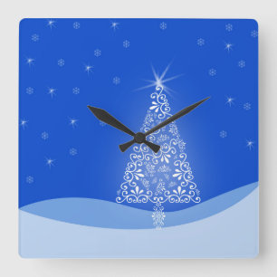 Blaue Weiße Frohe Weihnachtsbaum Sterne Nachtlicht Quadratische Wanduhr
