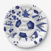 Blaue weiße Fußballbälle zum Geburtstag Pappteller (Vorderseite)