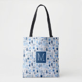 Blaue, weiße, gelbe Pflanzen Farbblock-Monogramm Tasche (Vorderseite)