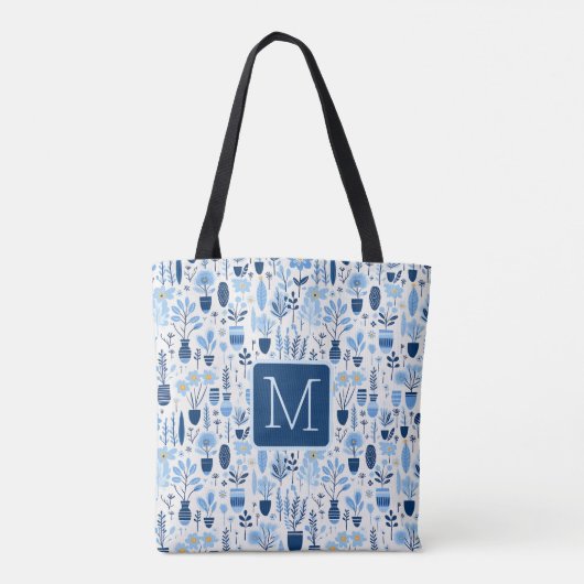 Blaue, weiße, gelbe Pflanzen Farbblock-Monogramm Tasche (Rückseite)