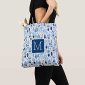 Blaue, weiße, gelbe Pflanzen Farbblock-Monogramm Tasche (Von Nahem)