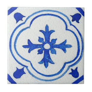 Blaue weiße gemusterte mediterrane Wasserfarbe Fliese