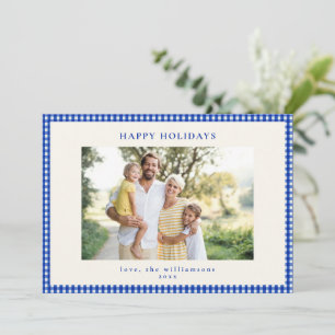 Blaue-Weiße-Gingham-Karo-Rand-Familienfoto Feiertagskarte