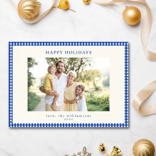 Blaue-Weiße-Gingham-Karo-Rand-Familienfoto Feiertagskarte