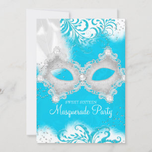 Blaue weiße Glitzermaske Masquerade Sweet 16 Einladung