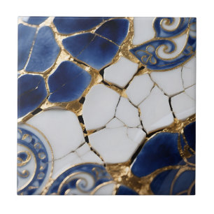 Blaue Weiße Gold Kintsugi Porzellan Mosaik Fliese