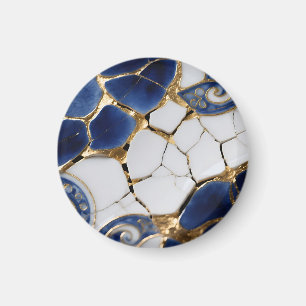 Blaue Weiße Gold Kintsugi Porzellan Mosaik Magnet