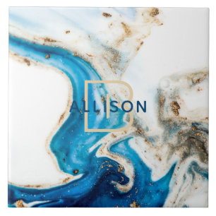 Blaue Weiße Gold Marmor Abstrakt Kunst Monogramm Fliese