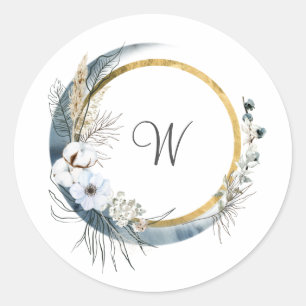Blaue Weiße Goldene Blumige Monogramm Boho Hochzei Runder Aufkleber