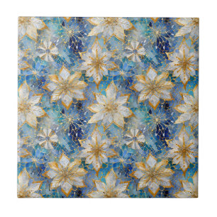 Blaue Weiße Goldene Weihnachtspoinsettien Fliese