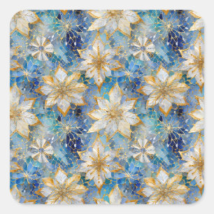 Blaue Weiße Goldene Weihnachtspoinsettien Quadratischer Aufkleber