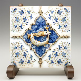 Blaue Weiße Goldfische Mittelalterliche Ornamentik Fliese