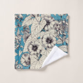 Blaue weiße Grafik Blumen Muster Badhandtuch Set (Waschlappen)