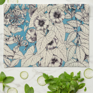Blaue weiße Grafik Blumen Muster Geschirrtuch