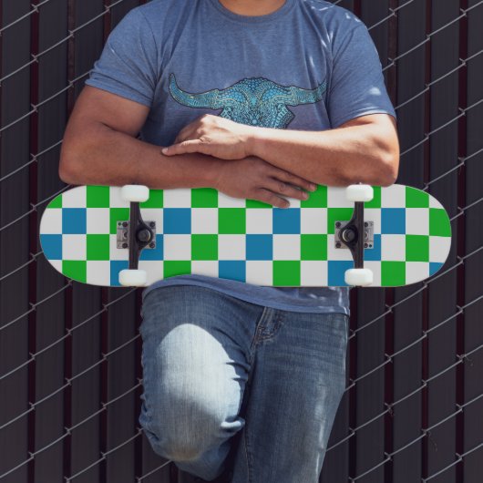 Blaue Weiße Grüne Karierte Gestaltung  Skateboard (Außenbereich 3)
