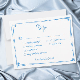 Blaue Weiße Handgezeichnete Herz Whimsical Hochzei RSVP Karte