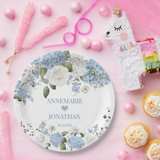 Blaue weiße Hydrangeas, Blütenblütenhochzeit in We Pappteller (Party)