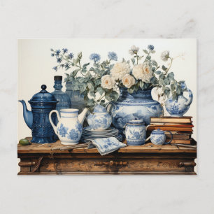 Blaue weiße Kaffeekanne Creme Zucker Glasbehälter Postkarte