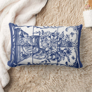 Blaue weiße Katze Antike Blumenkeramik Vintage Fli Lendenkissen