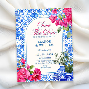 Blaue weiße künstlerische Fliesen Save The Date