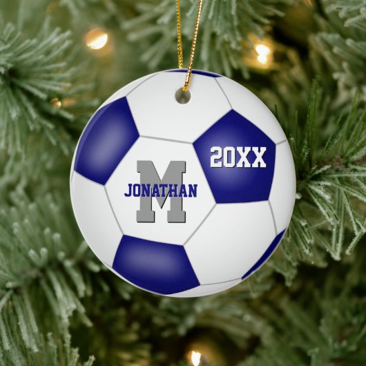 Blaue weiße Mannschaft Farben Jungs Fußball Keramik Ornament (Baum)