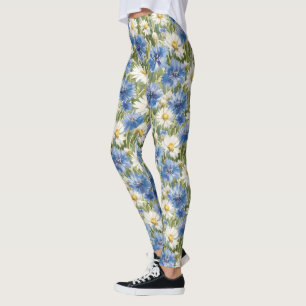 Blaue Weiße Margeriten Blumen Leggings