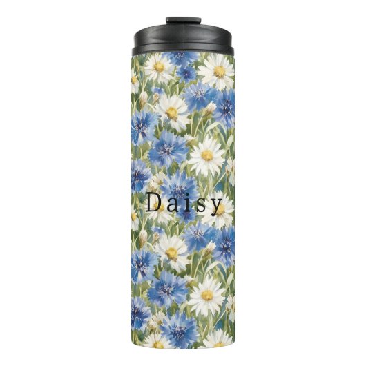 Blaue Weiße Margeriten Blumen Thermosbecher (Vorderseite)