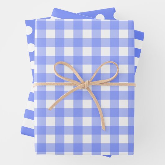Blaue, weiße Matching-Muster Gingham Dots Streifen Geschenkpapier Set (Beispiel)