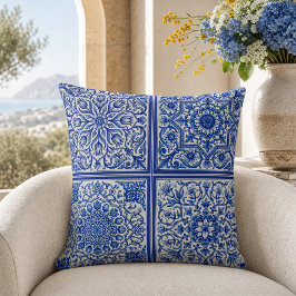 Blaue weiße mediterrane Fliesen Botanisches Muster Kissen