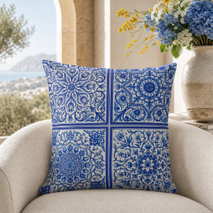 Blaue weiße mediterrane Fliesen Botanisches Muster Kissen