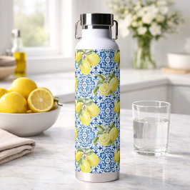 Blaue weiße mediterrane Fliesen Zitronenmuster Trinkflasche