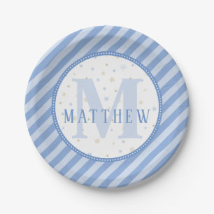 Blaue & Weiße Monogramm-Baby-Party Pappteller