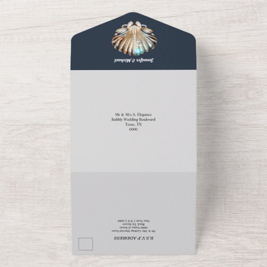 Blaue, weiße Muschelperlen All In One Einladung (Außenbereich)