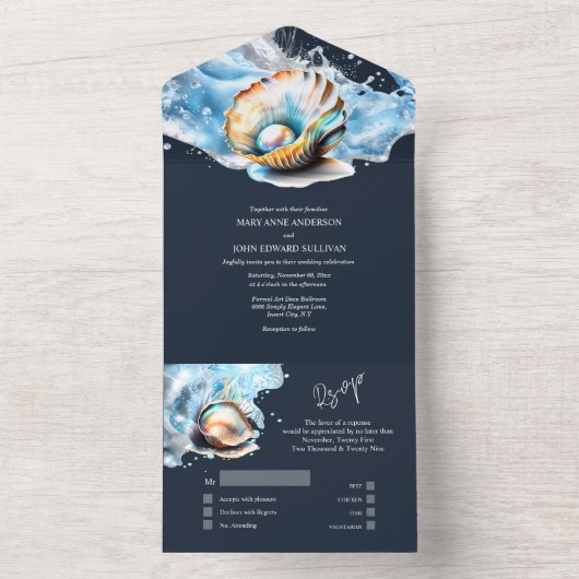 Blaue, weiße Muschelperlen All In One Einladung (Innen Boden)