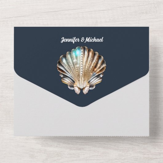 Blaue, weiße Muschelperlen All In One Einladung (Rückseite)