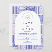 Blaue Weiße Patchwork-Toile-Hochzeit Save The Date (Vorderseite)