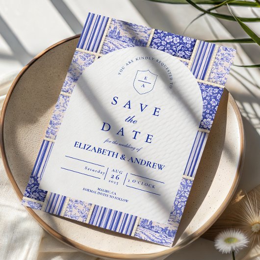 Blaue Weiße Patchwork-Toile-Hochzeit Save The Date