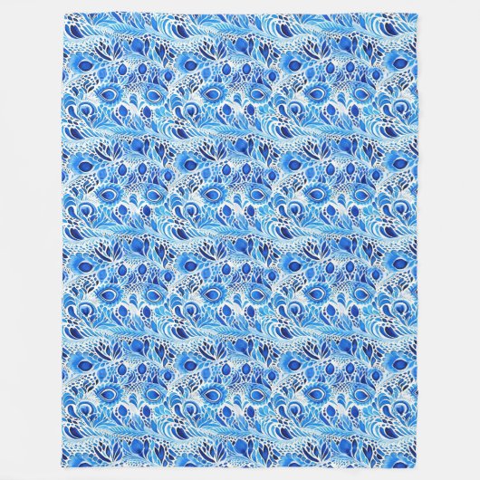 Blaue weiße Pfauenfedern  Fleecedecke (Vorderseite)