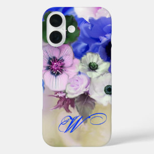 BLAUE WEISSE ROSEN UND ANEMONE BLUMEN MONOGRAMM iPhone 16 HÜLLE
