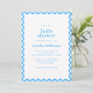Blaue weiße Schachbrett-Retro-Jungen-Baby-Party Einladung