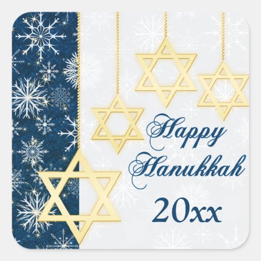 Blaue, weiße Schneeflocken Happy Hanukkah Sticker (Vorderseite)