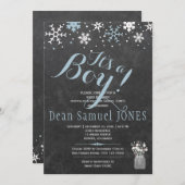 Blaue weiße Schneeflocken Kalkboard Junge Dusche Einladung (Vorne/Hinten)