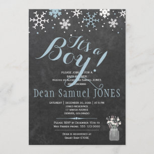 Blaue weiße Schneeflocken Kalkboard Junge Dusche Einladung
