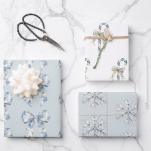 Blaue Weiße Schneeflocken Schleifen Zuckerstangen Geschenkpapier Set