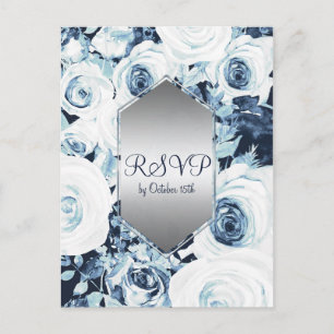 Blaue Weiße Silberne Winterhochzeit Elegant RSVP Einladungspostkarte
